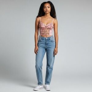 Embroidered Floral Pink‎ Lace Tie Mesh Coquette Adjustable Straps Bra Medium